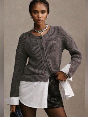 Anthropologie Cropped Twofer Cardigan Sweater Size Small Charcoal Grey White